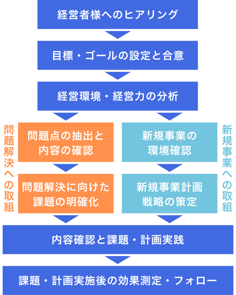 経営者様へのヒアリング
↓
目標、ゴールの設定と合意
↓
経営環境、経営力の分析
↓
（問題解決への取組）
問題点の抽出と内容の確認
↓
問題解決に向けた
課題の明確化
↓
（新規事業への取組）
新規事業の環境確認
↓
新規事業計画、戦略の策定
↓
内容確認と課題、計画実践
↓
課題、計画実施後の効果測定、フォロー